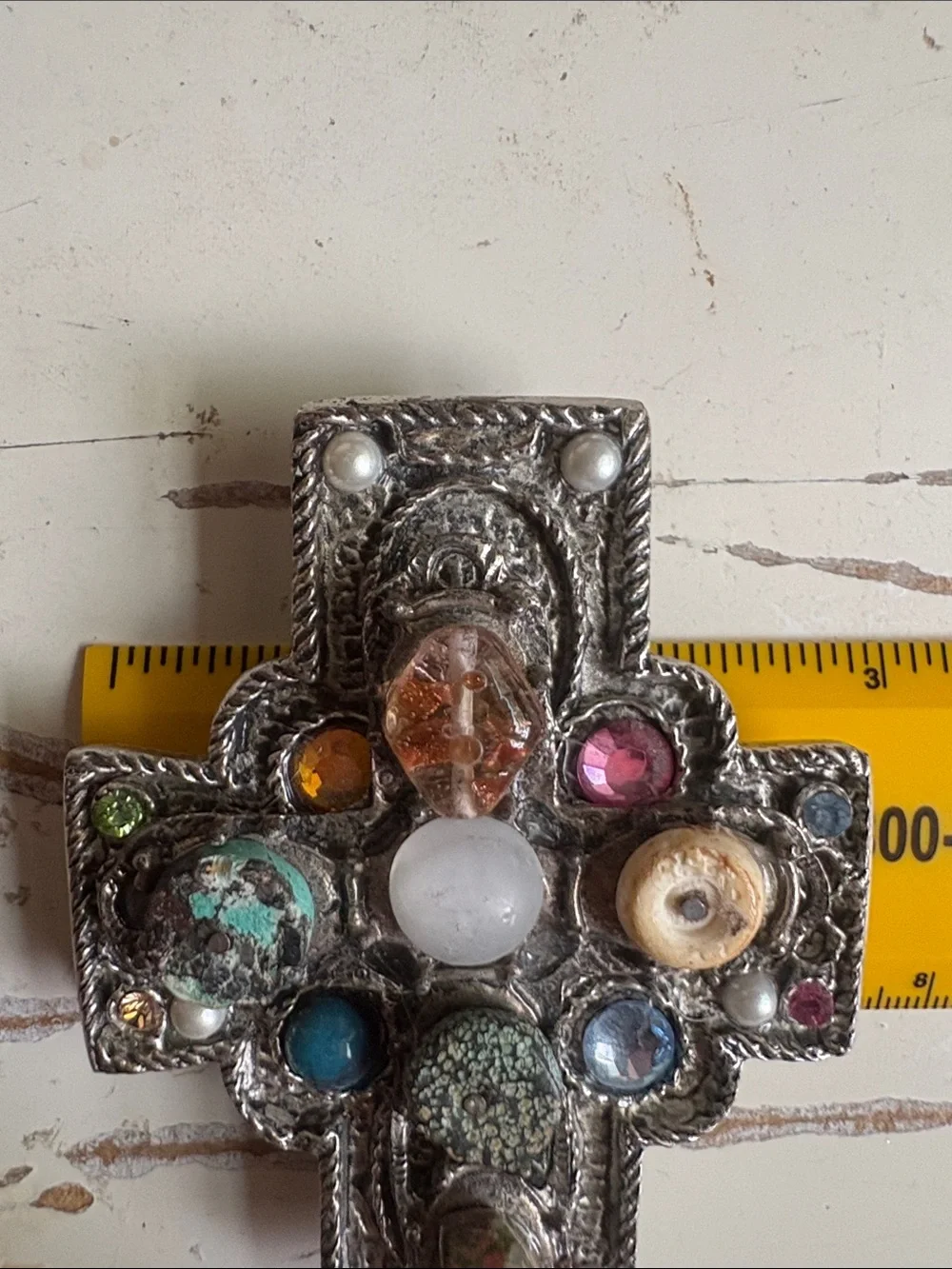 Vintage Multi-Stone Ornate Cross Belt Buckle - Silver-Tone 3.5in x 3 in